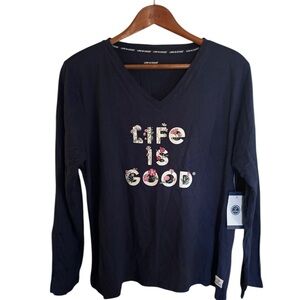 NWT Life Is Good Sleep Navy Blue V Neck Long Sleeve T Shirt Size XXL